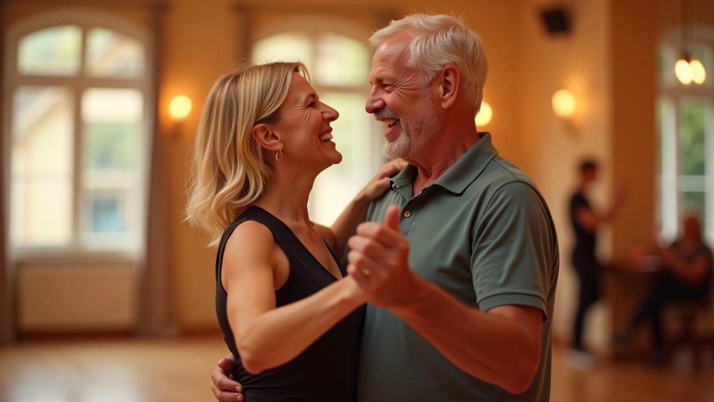 Two adults aged 50+ smiling while dancing together, showing connection and joy in a welcoming dance studio environment