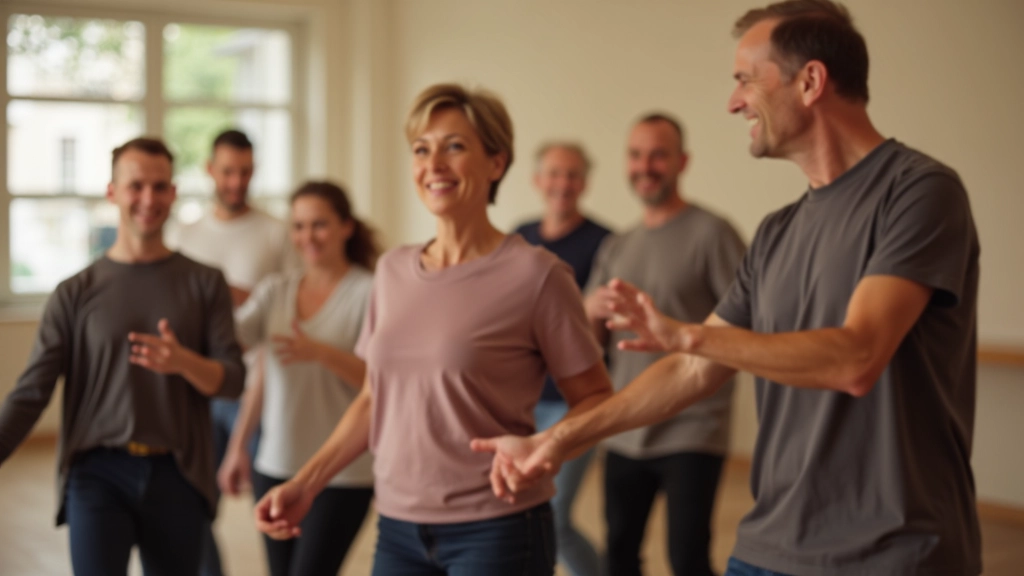 Group of diverse dancers aged 35-60 smiling and dancing together in bright studio, genuine enjoyment visible