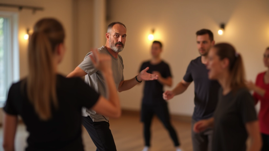 Mairéad leading a beginner dance class with mature adults in a bright studio, demonstrating footwork with participants in a semi-circle
