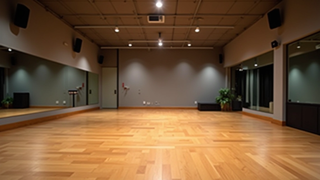 Clean, well-lit dance studio with polished wooden floor, full-length mirrors, and professional sound equipment mounted on wall