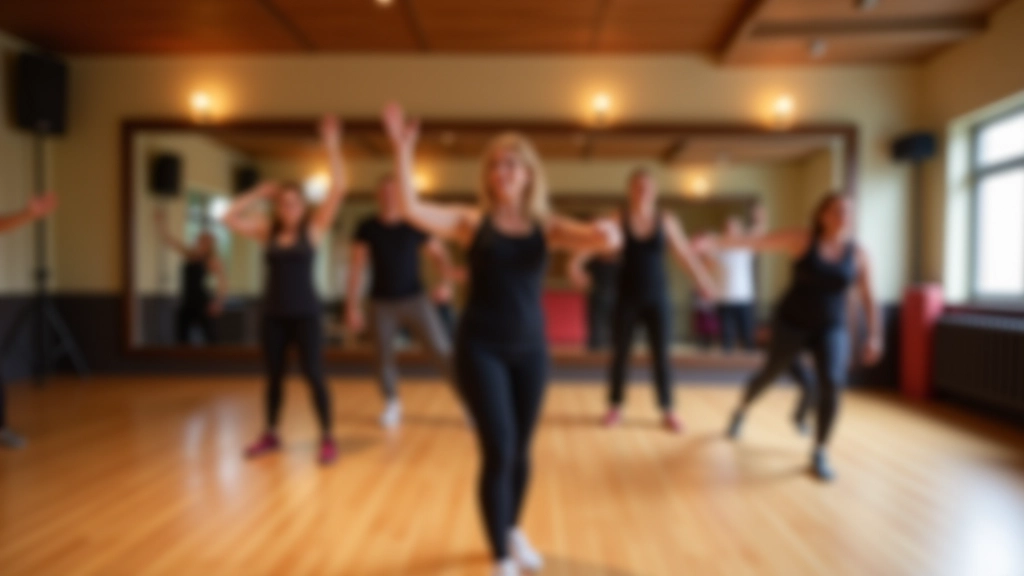 Warm, inviting dance studio with mirrors, wooden floors, and small group of dancers stretching together