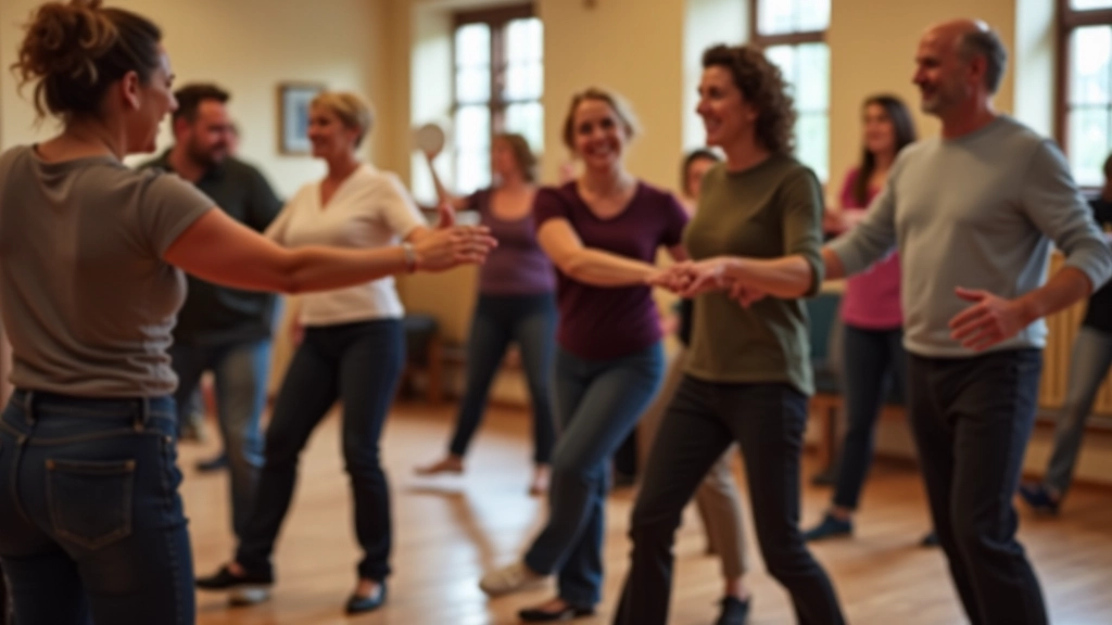 Mature adults dancing together in a welcoming studio setting