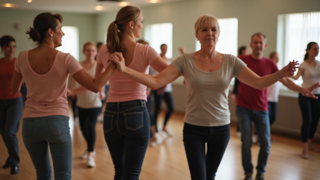 Group of adult students practicing bachata in a dance studio with mirrors, smiling and engaged during class