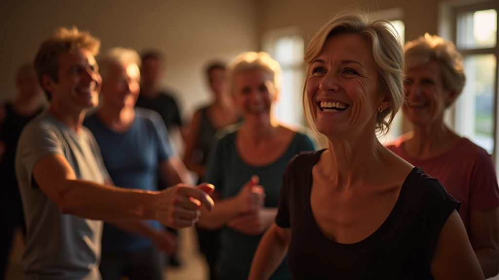Group of mature adults in a dance class, laughing and socializing before or after dancing