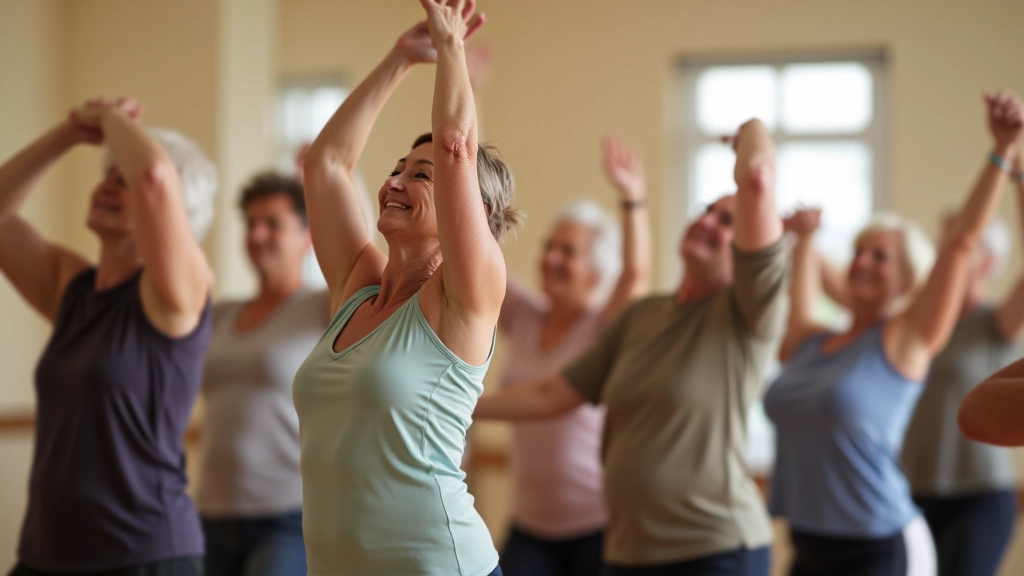 Group of mature adults dancing together in a bright, energetic studio environment