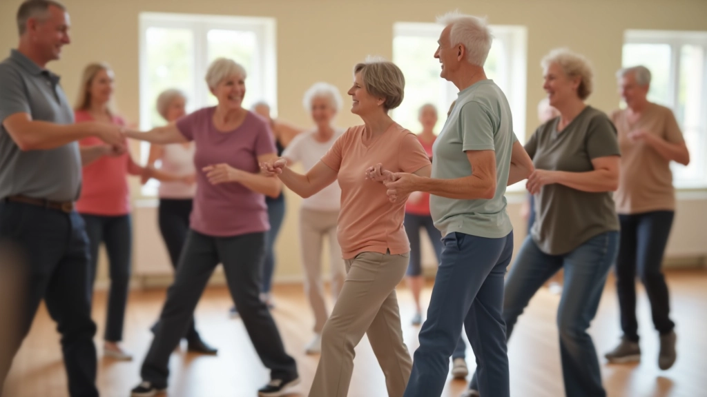 Older adults dancing together in a circle with joyful expressions in a bright studio with wooden flooring