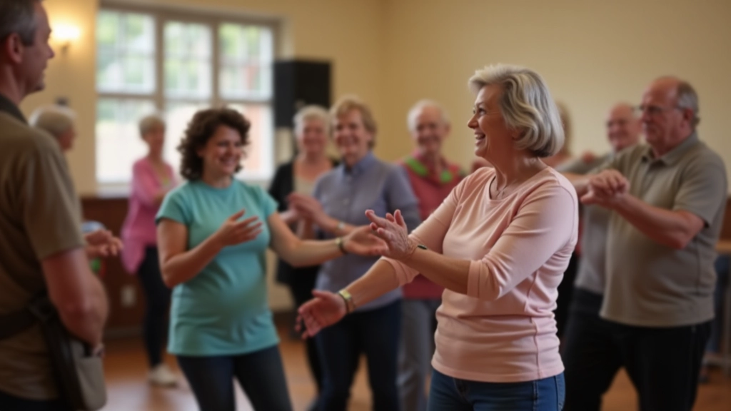 Group of older adults practicing salsa steps together in a community dance class