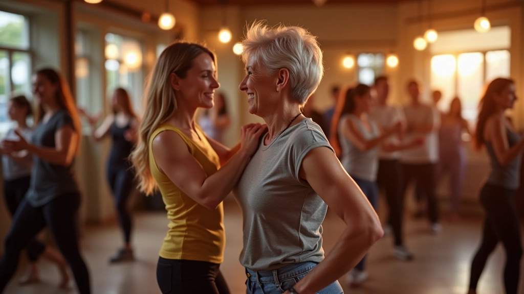 Mature adults enjoying social dance class together