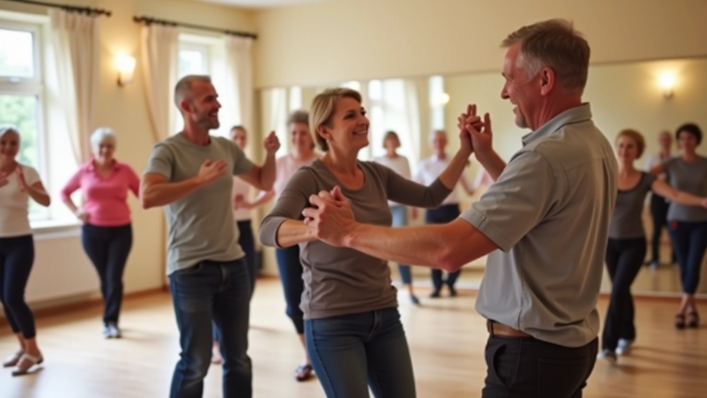 Mature adults learning bachata in a bright, welcoming dance studio with wooden floors