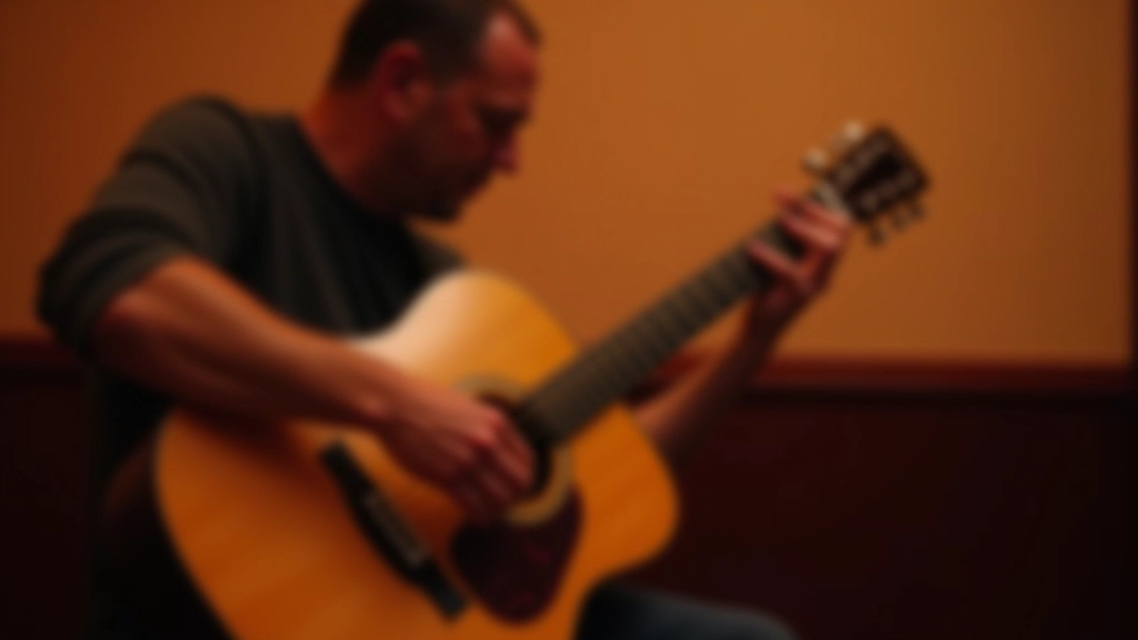 Musician playing guitar in a bachata band setting, acoustic instruments in a warm-lit rehearsal space