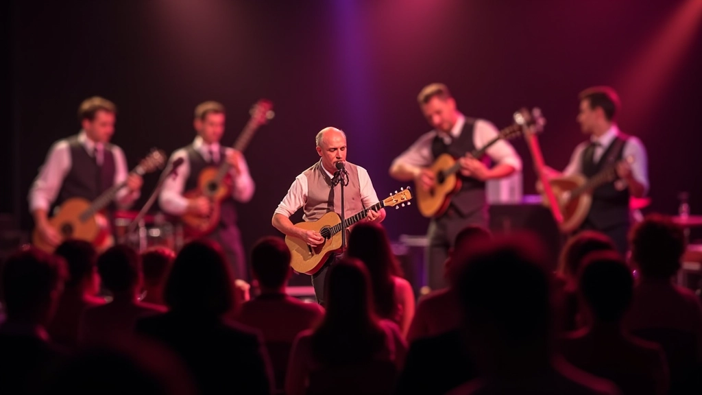 Musicians performing live salsa music with traditional instruments, energetic performance setting with focused performers
