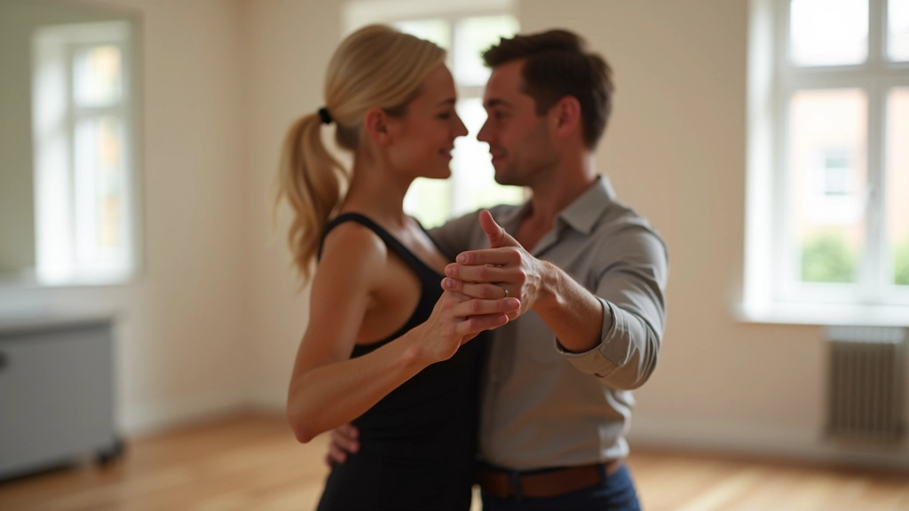 Male and female dancers demonstrating proper closed position frame for bachata, chest to chest positioning in a bright studio