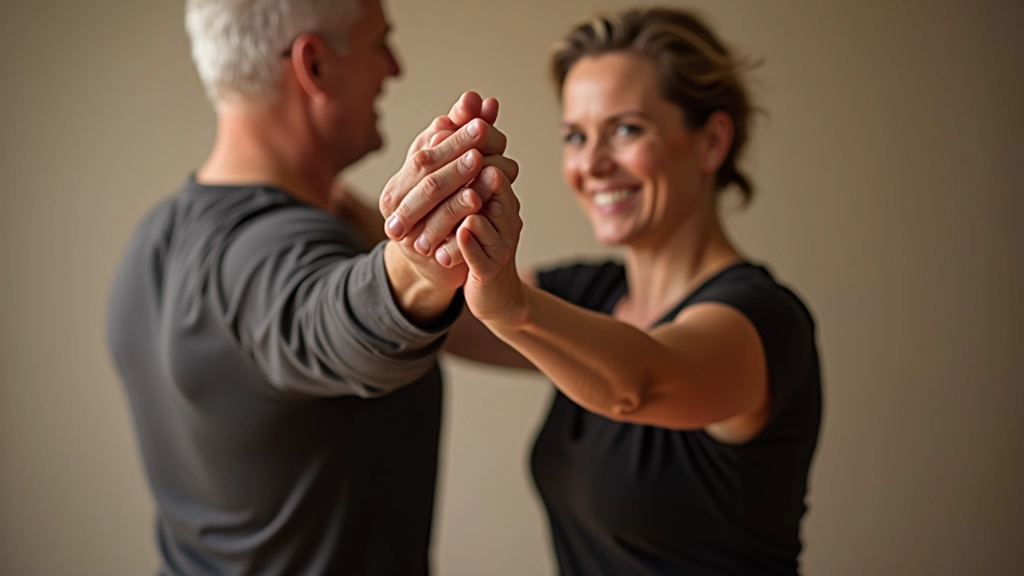 Two mature dancers demonstrating proper frame and hand position in salsa dance, showing connection and posture in bright studio