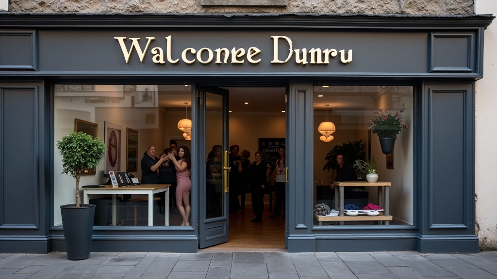 Welcoming entrance of a modern dance studio with glass doors and warm lighting